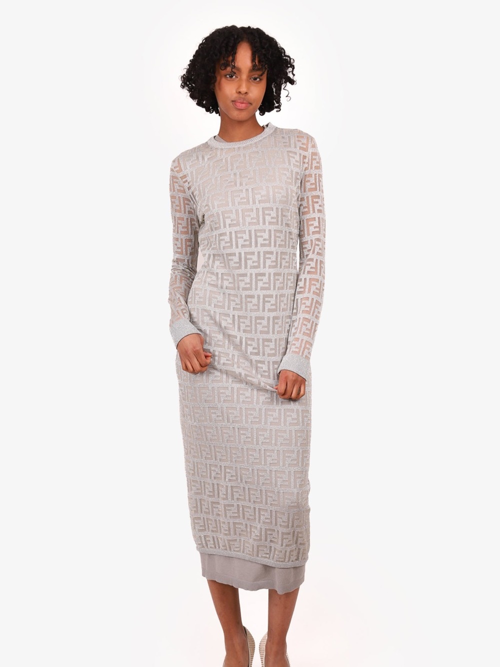 Fendi Metallic Taupe FF Logo Knit Midi Dress